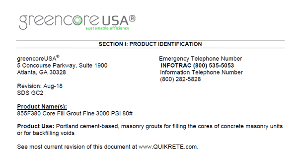 Greencore Masonry Grout Safety Data Sheet