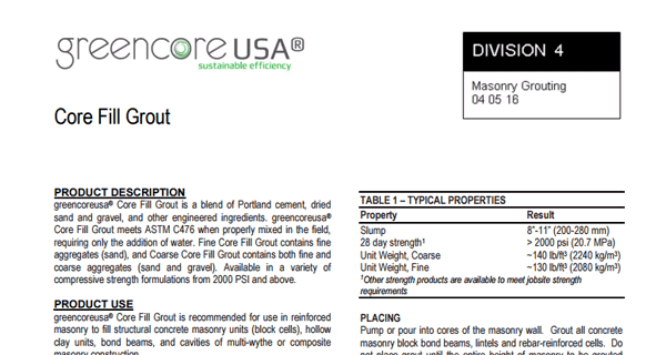 Greencore Masonry Grout Technical Data Sheet