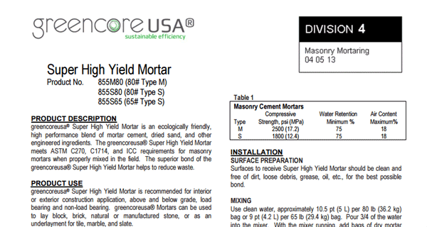 Super High Yield Mortar Technical Data Sheet